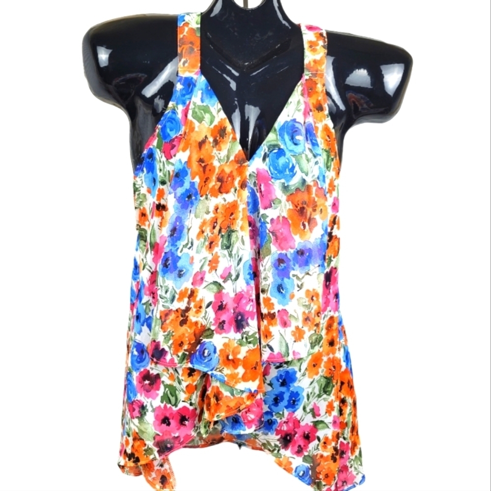 POETRY Flowy Spring Floral Print Hi-Lo Racerback Front Ruffle Top - Picture 10 of 11